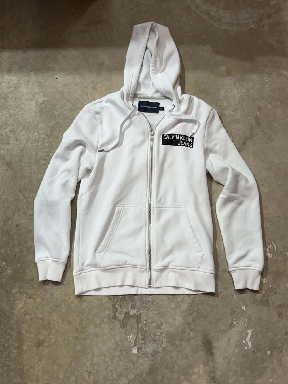 Calvin Klein Jeans White Zip-Up Hoodie with Logo Patch Size S
